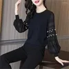 Women's Blouses 2023 Spring Autumn Beaded Hollow Foreign Style Knitted Chiffon Blouse Women Top Add Velvet Thickening Winter Bottom S