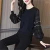 Vrouwen Blouses 2023 Lente Herfst Kralen Hol Buitenlandse Stijl Gebreide Chiffon Blouse Vrouwen Top Toevoegen Fluwelen Verdikking Winter Bodem S