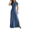 Casual Dresses Womens Summer Button Front Flared Denim Maxi-Long Dress With Pockets Short Sleeve Turn-Down Collar A-Line Shirt Drop