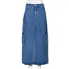 Spódnice 2023 Kobieta ubranie Eleganckie kieszenie wysokiej talii dżinsowa spódnica uliczna w stylu Korean Summer Long Maxi Jeans Solid Blue