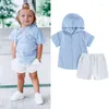 Ensembles de vêtements FOCUSNORM 3-7Y enfant en bas âge enfants garçons vêtements 2 pièces rayé à manches courtes à capuche t-shirts cordon Shorts été