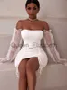 Casual Dresses Sexig Sheer Sleeve Evening Party Dress Summer Holiday Club Partywear White Off Shoulder Mini Kortklänningar Kvinnor J230625