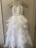 2023 Lovely White Flower Girls Dresses Jewel Neck Organza Crystal Beads Floor Length Tiered Ruffles Kids Birthday Girl Pageant Gowns Real Image
