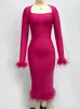 Casual Jurken Sexy Zwarte Roos Vierkante Hals Lange Mouwen Veer Bodycon Midi 2023 Zomer Vrouwen Elegante Celebrity Bandage Club Party