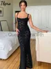 Casual Dresses New Balck Perspective Lace Mesh Sling Dresses For Women Sexy Banquet Strap Maxi Vestidos Dress Beach Holiday Long Evening Robe J230625