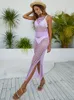 Damenbadebekleidung 2023 Sommer Sexy Lila Neckholder Ärmellos Ausgehöhlt Gestricktes Mesh Strandkleid Pool Party Bikini Cover-ups Beachwear