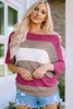 Nouveautés Expédition rapide Rose Contrast Stripe Knit Half Sleeve Crewneck Knitted Women Sweater