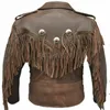 Mäns casual skjortor traditionella Western Cowboy Buckskin läderjacka med fransar ben och pärlor mens blazer män 230625