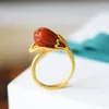 Cluster Rings Magnolia Naturel Sud Rouge Anneau Agate Pleine De Viande S925 En Argent Sterling Travail Épais Incrusté Bouche Ouverte Pour Femme