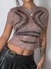女性のTシャツweiyaoプリントグランジメッシュクロップトップ女性ビンテージ美学oネック半袖スリムな夏のティーセクシーなレイブを見る