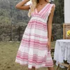 Casual Kleider 2023 Bohemian Gestreiften Kuchen Kleid Mode Sommer V-ausschnitt Sommerkleider Für Frauen Vintage Ärmel Lose Lange