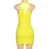 Robes décontractées Sexy Femmes Moulante Jaune Mini Sans Manches En Cuir Verni Latex Réservoir Rave Party Night Club Costume