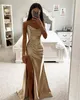 Fashion Champagne Gold Prom Dresses Strapless Evening Gowns Pleats Sheath Split Formal Red Carpet Long Special Ocn Party Dress 418