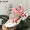 2023 Womens Printed Floral Rhinestones Buckle Sneakers Mesh Sport Breathable Hidden Heel Shoes Real Leather 5Colors