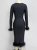 Casual Dresses Sexy Black Rose Square Neck Long Sleeve Feather Bodycon Midi 2023 Summer Women Elegant Celebrity Bandage Club Party