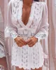 Abiti casual 2023 Nuove donne Autunno Boho Moda Abiti eleganti Sexy Scollo a V Solid Sheer Mesh Manica lunga a sbuffo Farfalla Mini abito in pizzo bianco x0625