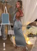 Casual Dresses Hugcitar Swing Collar Halter Slip ärmlös rygglös avslöjande bandage sexig maxi klänning 2022 sommar nattklubb fest kvinnor j230625