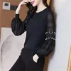 Vrouwen Blouses 2023 Lente Herfst Kralen Hol Buitenlandse Stijl Gebreide Chiffon Blouse Vrouwen Top Toevoegen Fluwelen Verdikking Winter Bodem S