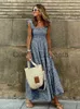 Casual Dresses WildPinky Elegant Square Collar Plaid Summer Dress Women A-line Elastic Khaki Ruffled Dresses Beach Party Sleeveless Maxi Dress J230625