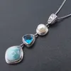 Pendant Necklaces Trendy Natural Larimar 925 Sterling Silver Antique Design Blue Topaz Genuine Stone Pearl Charm for Women Gift Necklace 230625