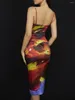 Robes décontractées Femmes S Spaghetti Strap Bodycon Midi Dress Y2K Tie-dye Print Low Cut Ruched Cami Boho Backless Beach Sundress