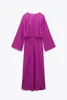 Abiti casual Elegante abito longuette lungo viola in raso 2023 Summer Women Profondo scollo a V Manica a trapezio Abiti da sera per feste solide Robe