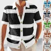 Camisas casuais masculinas masculinas de malha 2023 verão soltas manga curta abotoadas lapela malha cardigãs roupas masculinas camisa listrada vintage