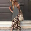 Vestidos informales de verano de Europa y América para mujer, manga corta, estampado de leopardo, empalme suelto, bolsillo extra largo, Maxi para mujer