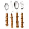 Servis uppsättningar 4st Steak Knife Fork Spoon Table Set Bamboo Handle Rostfritt stål Western dessert Kitchen Cutlery