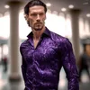 Chemises décontractées pour hommes luxe violet brodé pour hommes Paisley soie revers tissé à manches longues Designer Fit mariage d'affaires