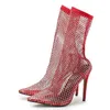 Sandálias de verão Crystal Diamond Mesh Feminino Dedo Apontado Moda Respirável Vermelho Branco Festa Botas Clube Tornozelo Sapatos 230511