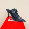 مصمم فاخر عالي الكعب السيدات أحذية رسمية إيطالية العلامة التجارية الأزياء الدنيم جيب مزينة الصنادل المدببة مغسولة رجعية هولو سستة الشباك الكسول 35-41