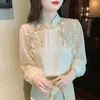 Blusas Femininas 2023 Estilo Chinês Tradicional Top Beading Melhorado Cheongsam Frisado Chiffon Design Feminino Blusa Graciosa Gola Qipao