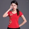Etniska kläder röda sommarkvinnor broderi blomma skjorta elegant o-hals smal blus kinesiska damer dagliga sexiga kort ärm tang topp