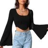 Damen-T-Shirts, elegante Spitzenblusen für Damen, langärmeliges Crop-Top mit Rundhalsausschnitt und V-Ausschnitt, mit asymmetrischem Strick und unregelmäßigem Pullover-Design –