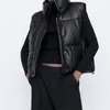 Mode Streetwear Frauen Puffy Weste Winter Dicke Parkas Jacke Schwarz PU Weibliche Mäntel Faux Leder Unten Weste Lose Dame