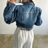 Kvinnorjackor Crop Jeans Jacket Fowomen 2023 Korean Fashion Casual Vintage Denim Coats Long Sleeve Turn Collar Streetwear Coat