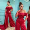 Sexy Red Jumpsuit Prom Dresses Off Shoulder Pearls Jumpsuits Evening Gowns Pleats Formal Red Carpet Long