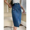 Юбки синие цвета карманы женщины Джин Юбка весна высокая талия элегантная леди джинсовая ткань