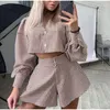 Women's Tracksuits Blue Y2K Casual Plaid Lounge Wear Women Tracksuit Shorts Suits Long Puff Sleeve Shirt Loose Tops And Mini Two Piece Set