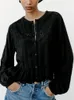 Women's Blouses Tops Women 2023 Fashion Cutwork Embroidery Blouse Long Sleeve Top Front Button Up Ruffle Hem Casual Black Woman