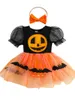 Meisje Jurken Schattige Halloween Romper Jurk Met Pompoen En Vleermuis Patroon Korte Pofmouwen Mesh Rok Zoom Bijpassende Hoofdband Voor