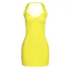 Abiti casual Sexy Womens Bodycon Giallo Mini senza maniche in pelle verniciata Latex Tank Rave Party Night Club Costume