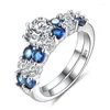 Cluster Rings HOYON Luxury Sapphire Blue Gemstone Zircon Ring Set For Couple Imitation Main Diamond Tip Women's Jewelry Free Ship