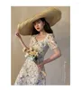 Party Dresses Floral French Dress Elegant Women 2023 Summer V-ringen Kort ärm Sair Print Chic Retro Sweet One-Piece Korean