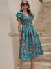 Lässige Kleider Sommer-Midikleid mit Blumendruck, Damenmode, schlankes Strandkleid mit Rüschenärmeln, lässig, elegant, grün, A-Linie, neu in Kleidern 2023 J230625