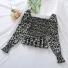 Camicette da donna Vintage LEOPARD Top Moda donna Slim colletto quadrato coreano Manicotto a sbuffo Pullover sottile Lomg Camicie in chiffon Femal