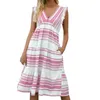 Casual Dresses 2023 Bohemian Striped Cake Dress Fashion Summer V Neck Sundresses For Women Vintage Sleeveless Loose Long