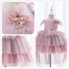 Girl's Dresses Yoliyolei Tiered Layers Tulle Dress Girl Gown Pearls Necklace V Back Design Flower Girl Wedding Clothes for Children Casual 230625