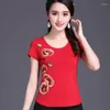 Etniska kläder röda sommarkvinnor broderi blomma skjorta elegant o-hals smal blus kinesiska damer dagliga sexiga kort ärm tang topp